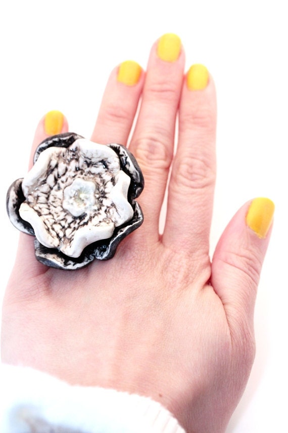 Porcelain Statement Ring Huge Bloom Flower in White Black Tan and Pale Blue with Adjustable Band Spring summer fashion MADE TO ORDER