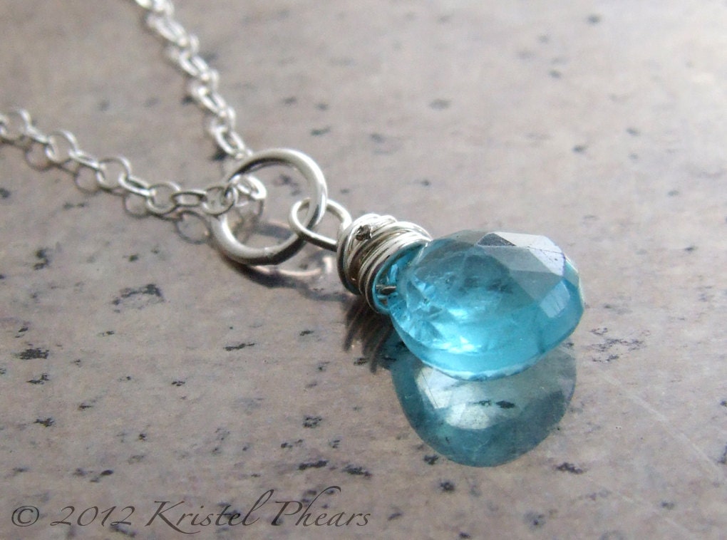 Apatite necklace sterling silver - paraiba aqua ocean blue faceted natural gemstone pendant simply wire wrapped minimalist gift