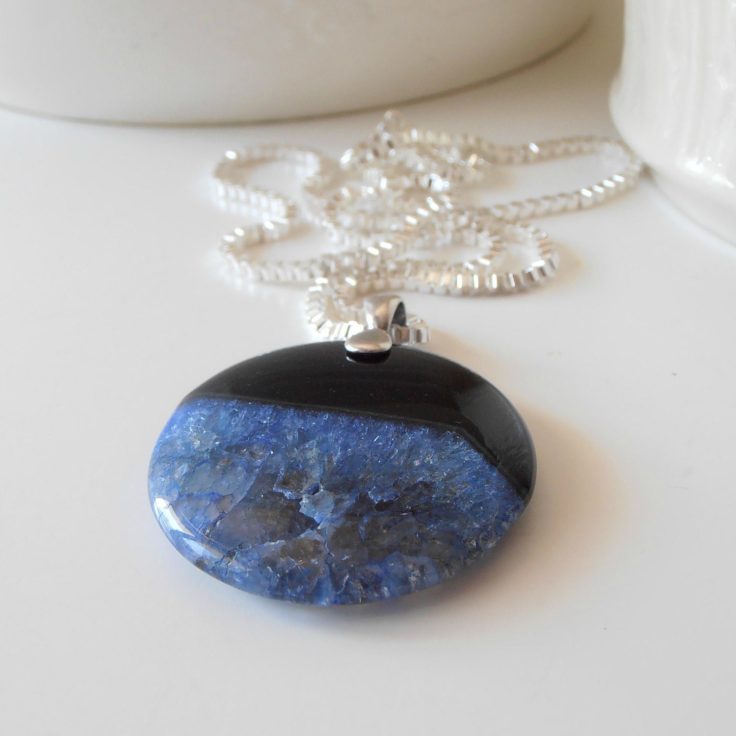 Agate Pendant Necklace, Black and Blue Smooth Round Druzy Agate Pendant on Long Silver Chain