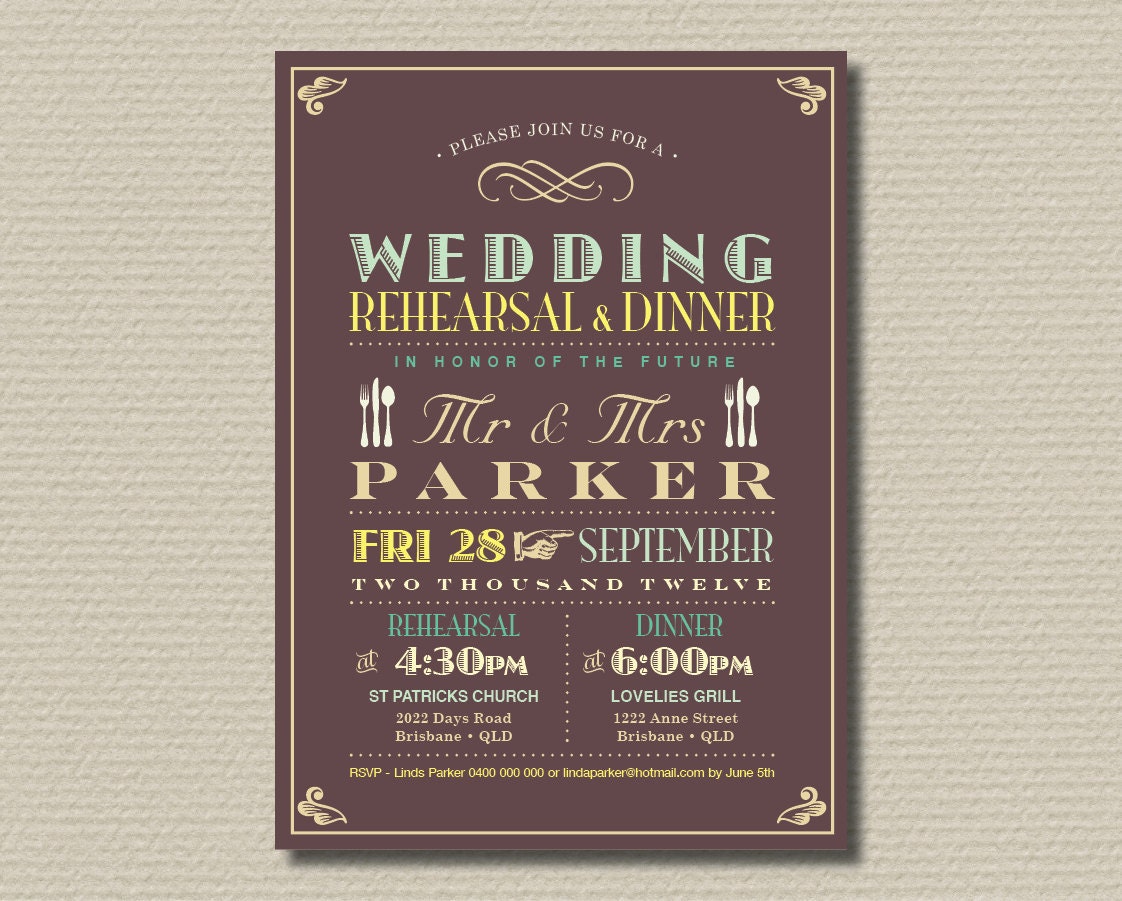 Printable Wedding Rehearsal and Dinner Invitation - Vintage Poster design in Brown, Yellow and Mint (RD16)