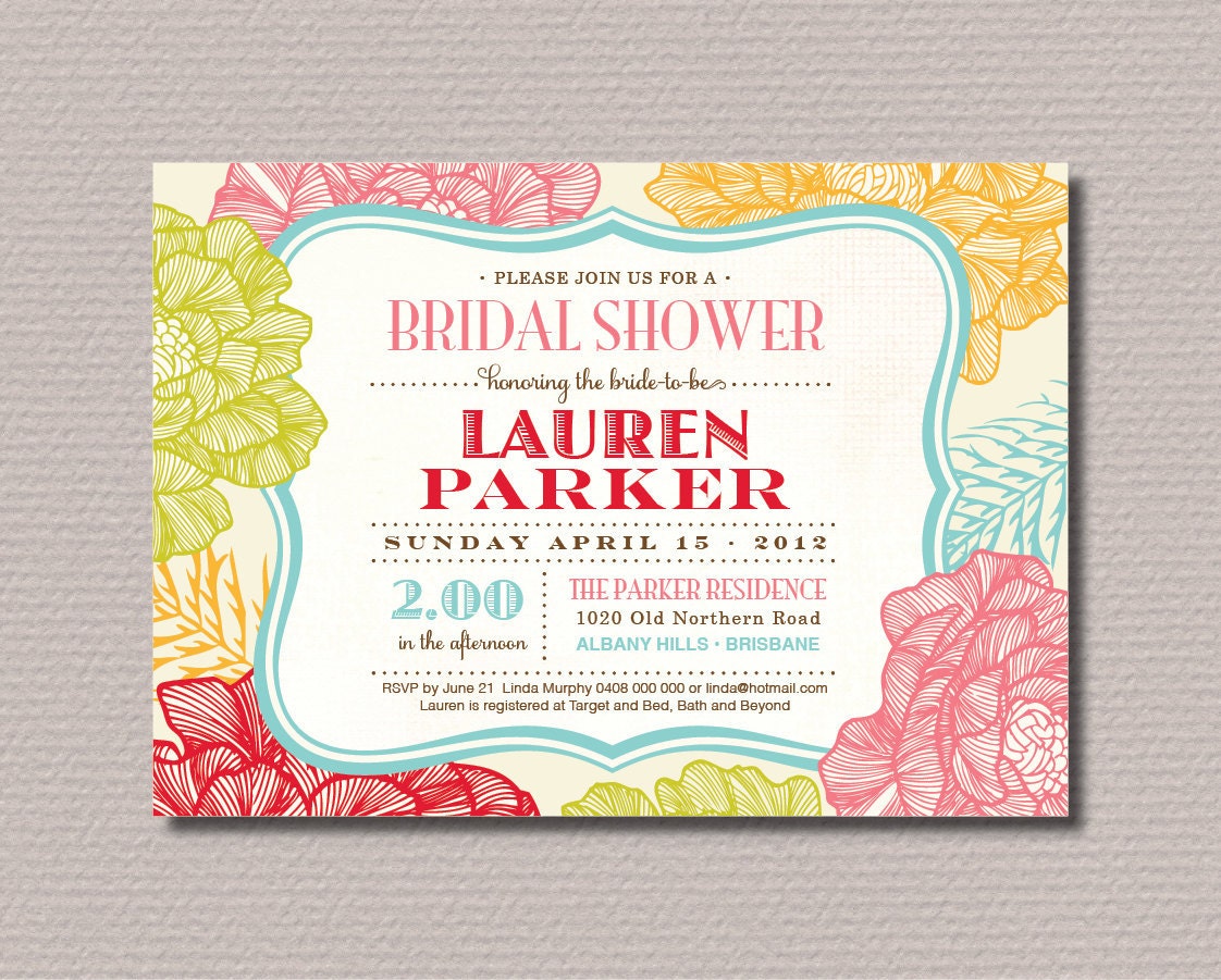 Printable Bridal Shower Invitation - Retro Red, pink, gold and blue (BR11)