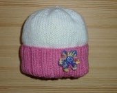 BABY GIRL Hat, Pink and White with Multi Flower, Hand Knitted, 0 - 6 Months
