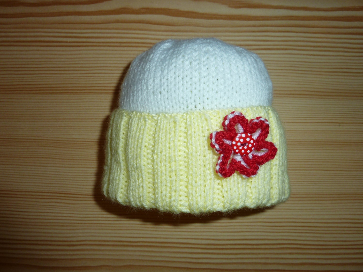 BABY GIRL Hat, Yellow and White with Red Flower, Hand Knitted, 0 - 6 Months