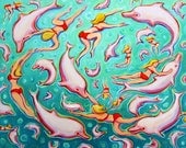 Swimming with Pink Dolphins - Colorful Whimsical Porpoise Beach Seashore Coastal Tropical Original Folk Art Painting Korpita ebsq