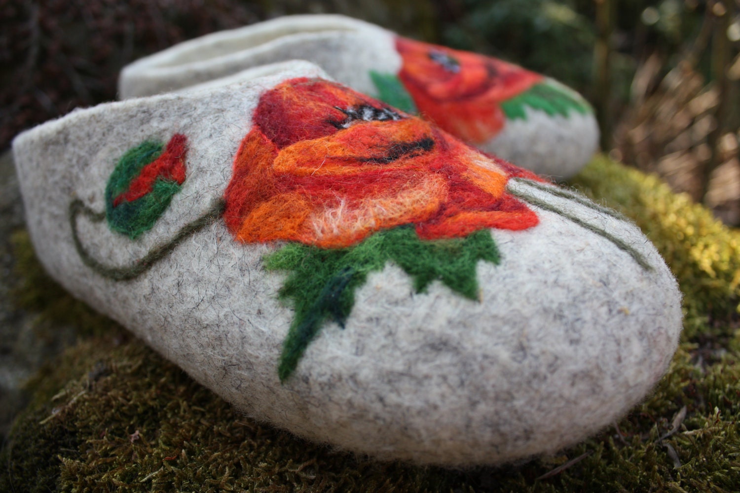 Felted Slippers- Poppy Flowers -Made to order-