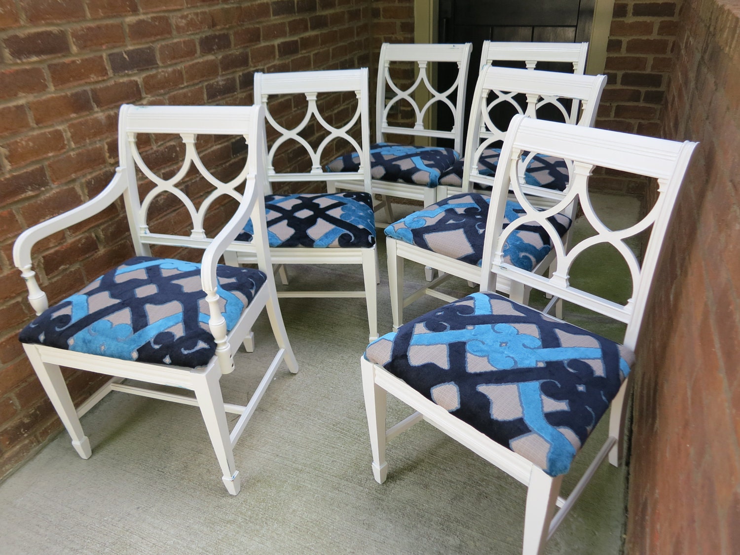 Mid-Century Set of Dining Chairs Made to Order Upholstered in Velvet and Chenille Geometric Upholstery Fabric
