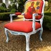 Bohemian Accent Chair Upholstered in French Coral Linen and Art Panel Portraying a Lady in Scarlet Dress by Heather Throne Upholstery
