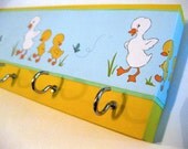 Jewelry Holder and Key Rack - "Ducks In a Row", Colorful Ducks and Butterflies, Easter, Mother and Baby, Blue, Yellow, Green, White