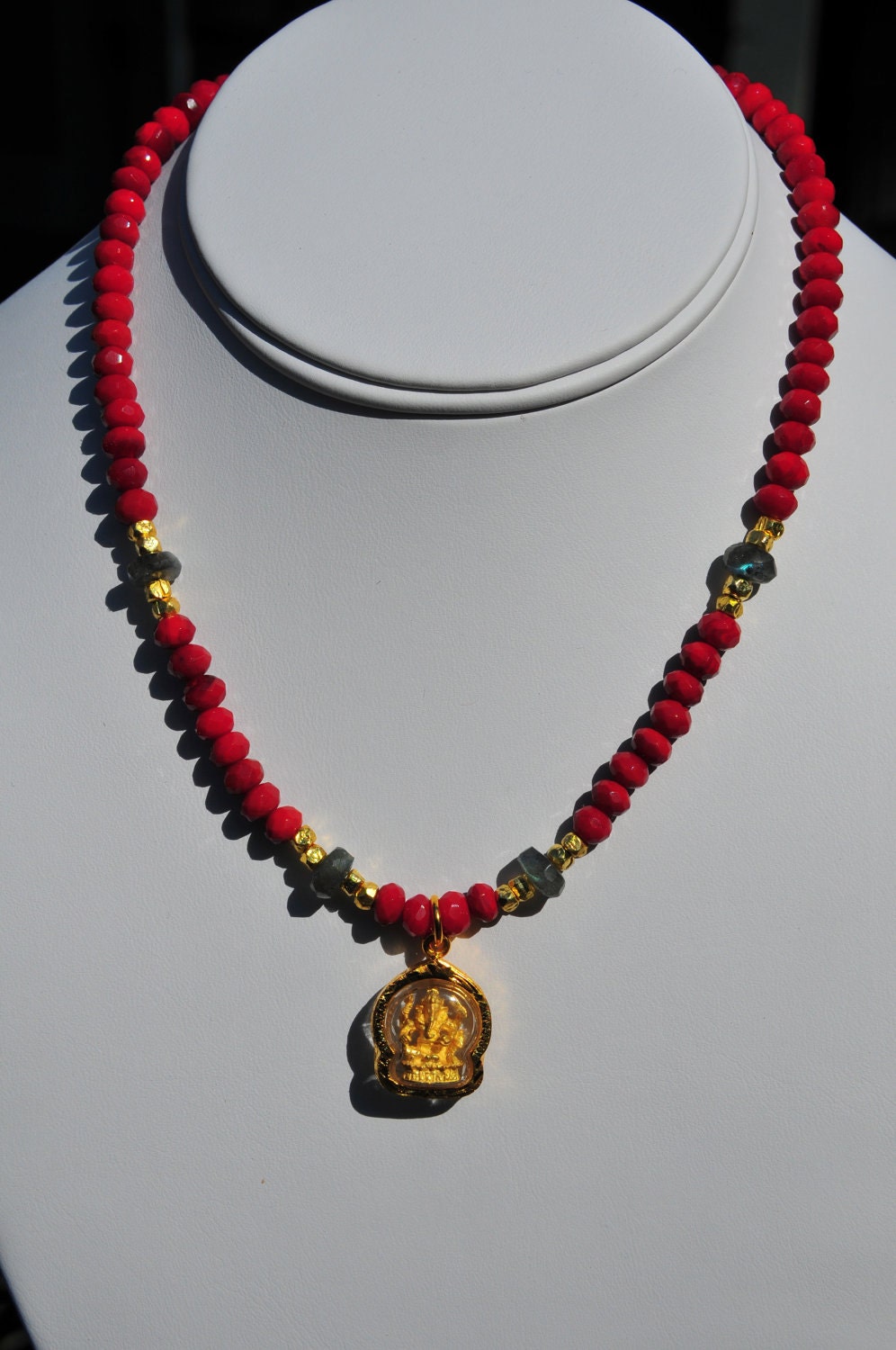 Ruby quartz and gold Ganesh necklace / Hindu necklace/ Yoga necklace/ Buddhist necklace