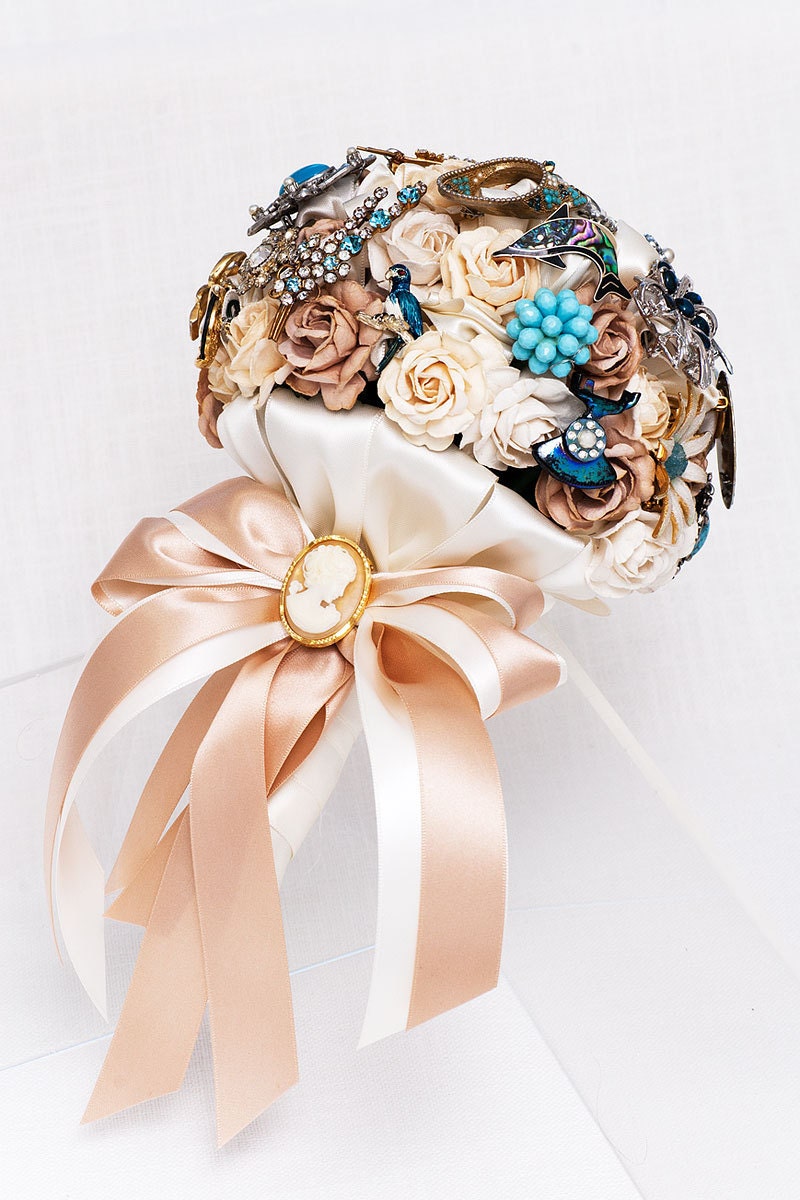 Aqua And Ivory Bridal Bouquet With Brooches