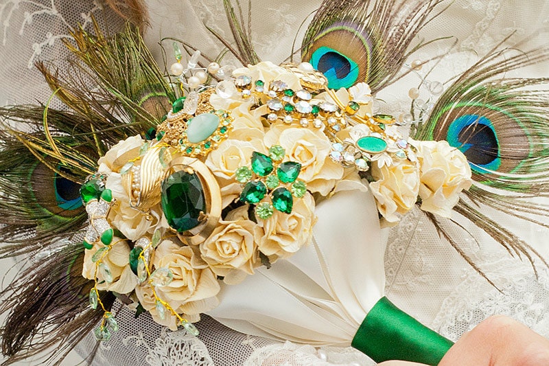 Emerald peacock vintage bridal bouquet RESERVED FOR W PHAN