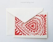 red heart, handprinted linocut card -- greeting card, handmade card, blank card, printmaking, block print, love art, gift under 10