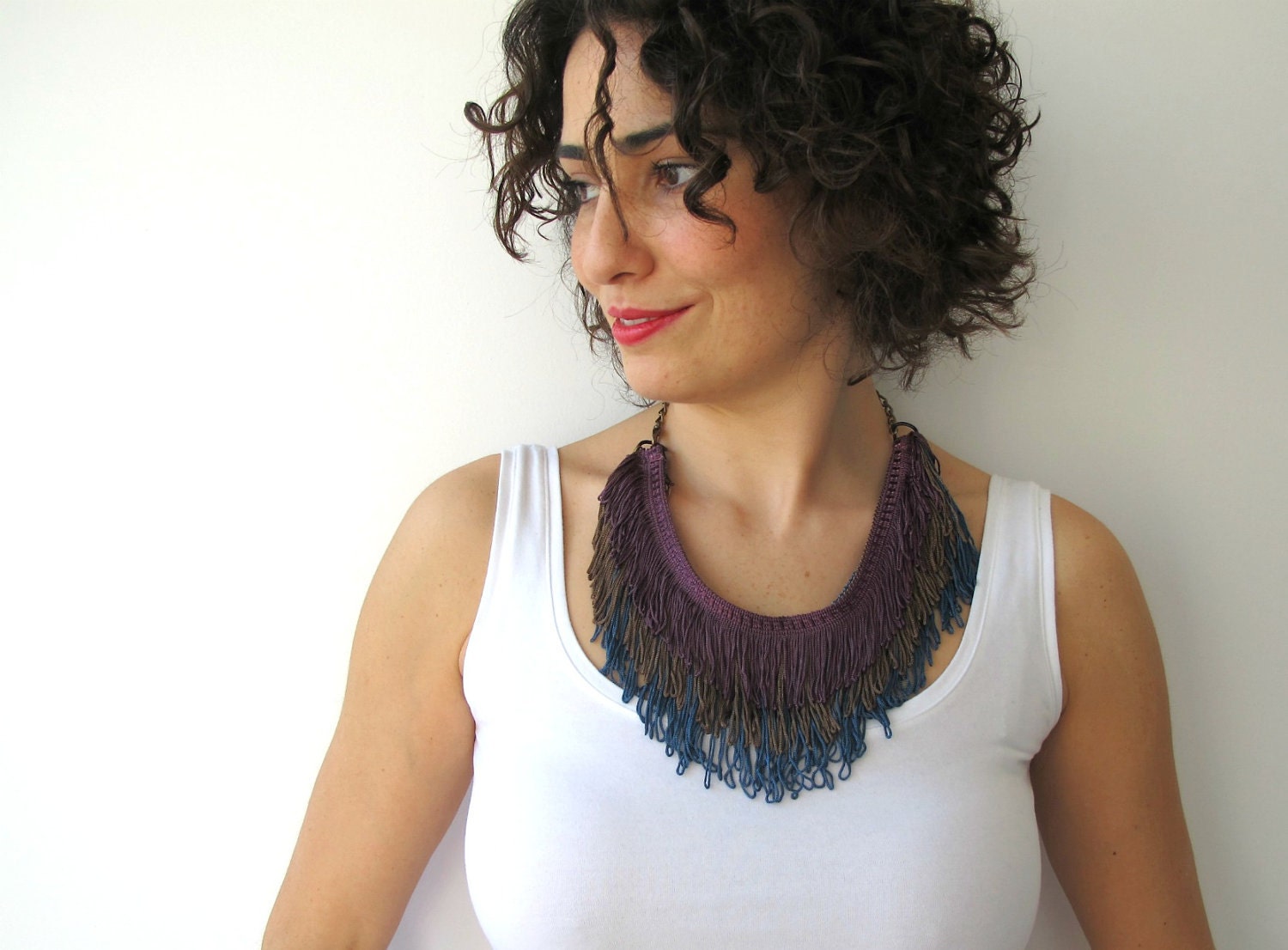 Purple, Lion Brown, Blue Necklace with Fringe and Brass Chain