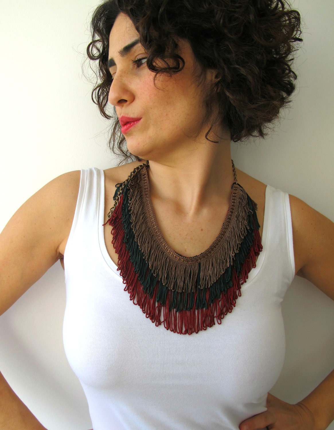 Fringe Necklace in  Lion Brown, Green and Cardinal Red colors with Brass Chain