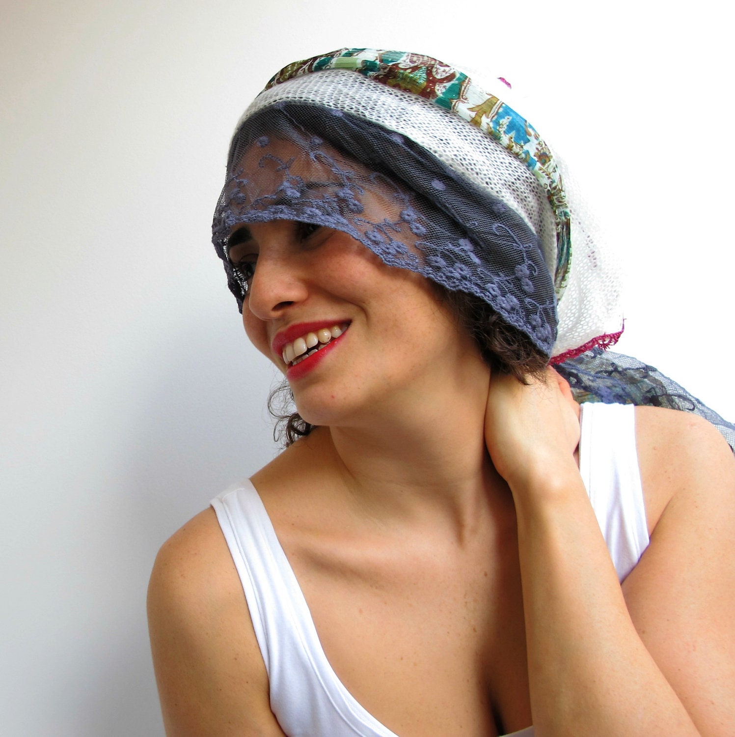Tricot, Chiffon, Lace Scarf in Cream, Blue, Grey with Pink Trimming