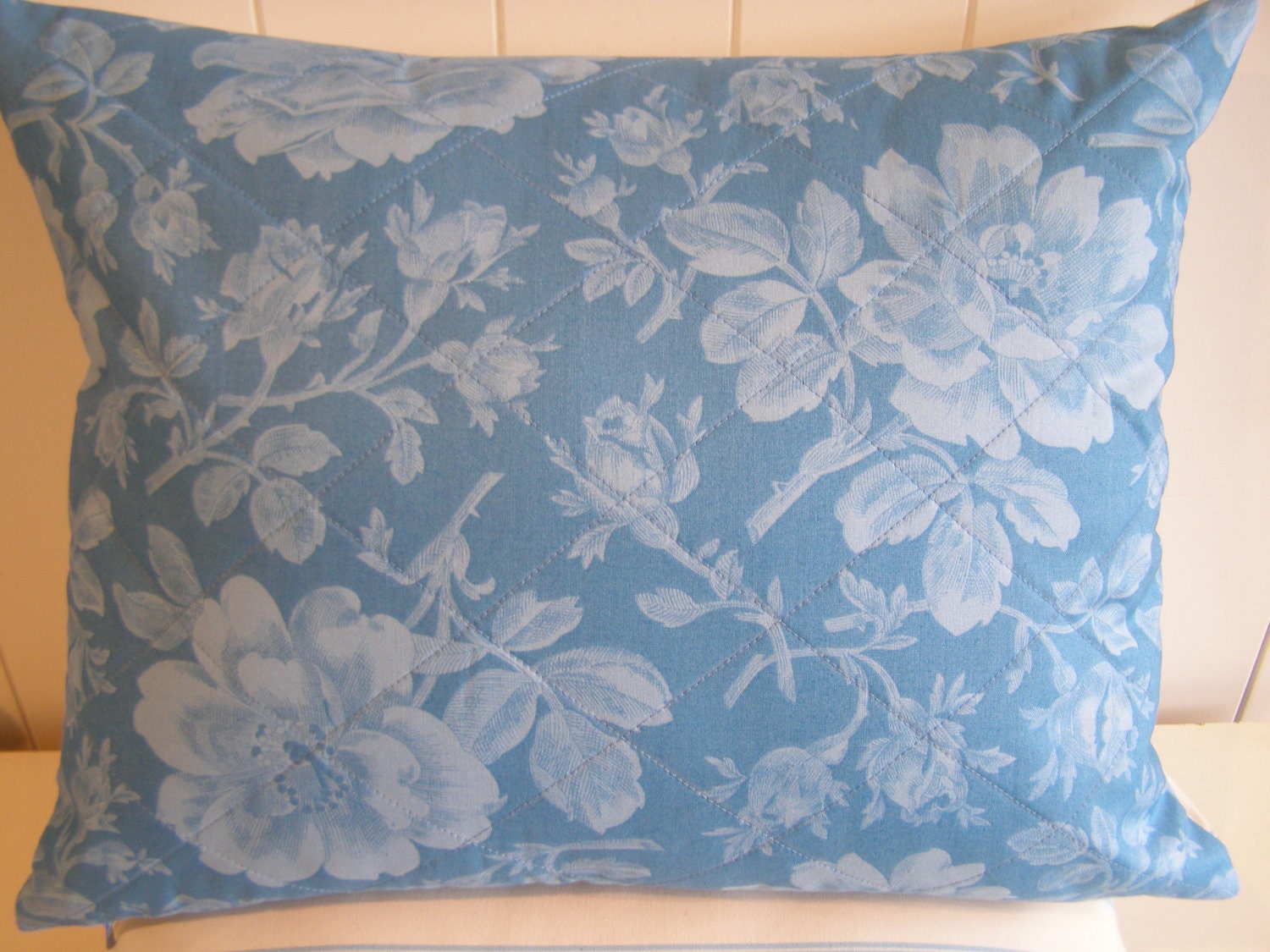 Diamond Quilted Cushion Cover, Pillow Cover - Enchanted Rose Print in Cornflower Blue & Vanilla Stripe