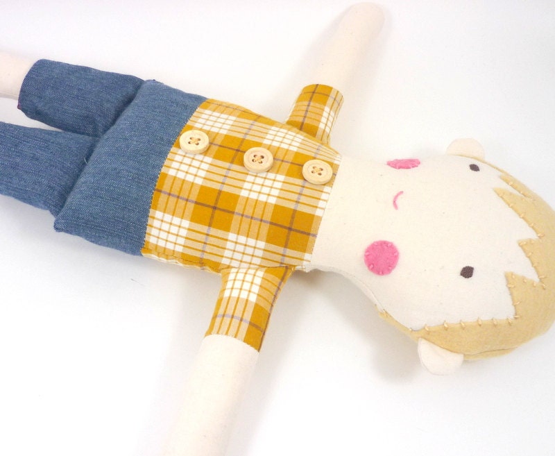 boy rag doll, toy doll, brown hair, checkered shirt jeans shorts, handmade soft toy, eco friendly toy Sebastian