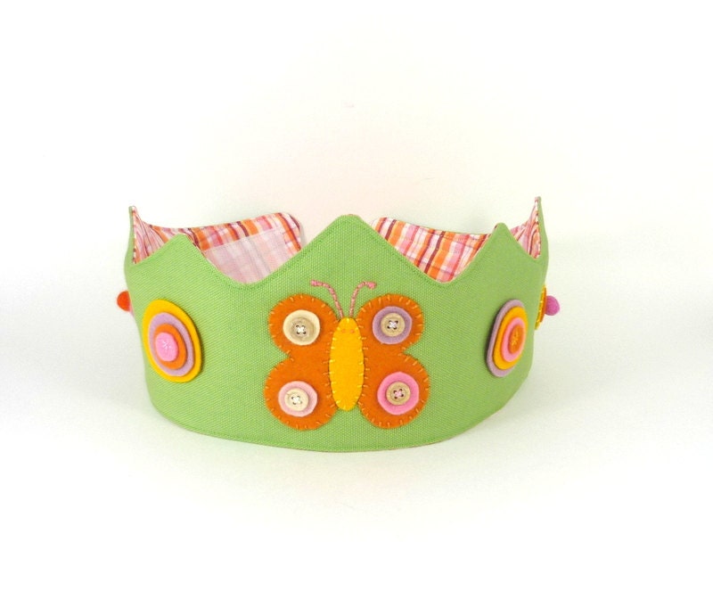 TOY crown , butterfly crown , green organic canvas ,  wool felt applique , orange purple pink yellow , eco toy , girl crown