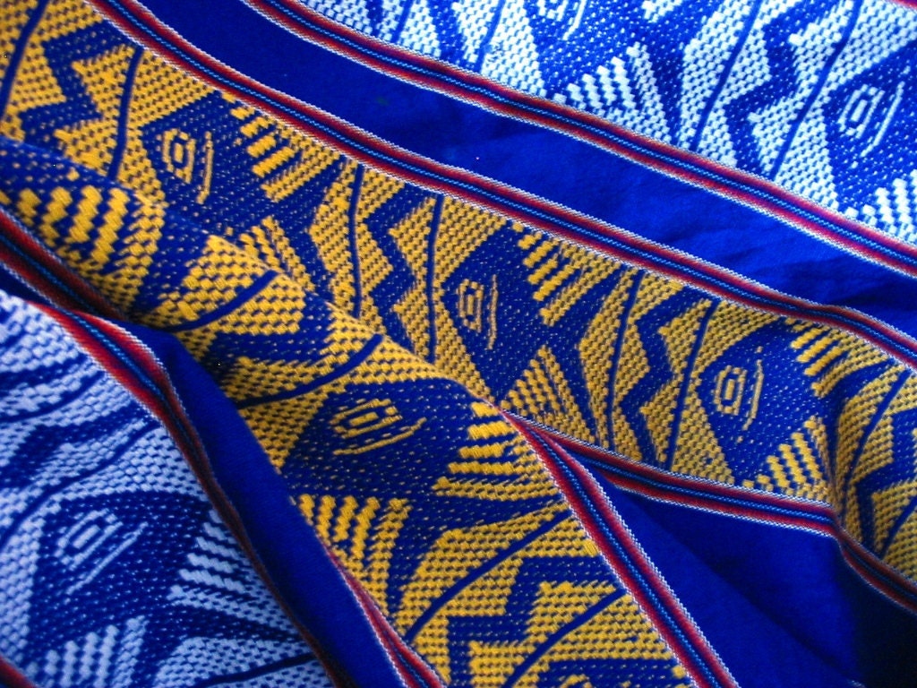 Vintage Cobalt Blue Woven Fabric with Fish Motive (Red, Yellow and White details) in Perfect Condition