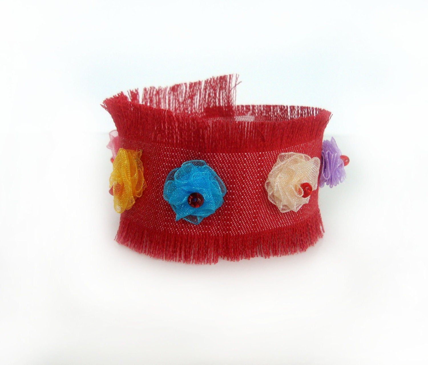 Red denim fabric Bracelet, jeans colourful embroidered handmade jewelry, cotton accessories