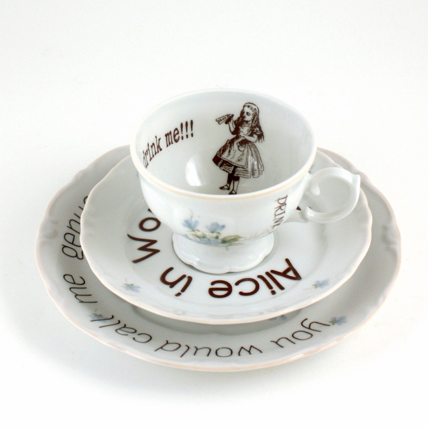 Altered Alice in Wonderland  on Vintage Tea or Coffee Cup  Porcelain Drink Me White Brown Romantic Unique