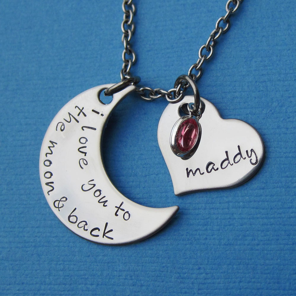 I Love You to the Moon and Back Necklace Heart Name and Birthstone Custom Moon and Back - Custom Mommy Necklace Mother's Day Gift