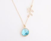 Aqua Framed Glass Pendant and Leaf Branch necklace - with 14K gold filled chain-simple everyday jewelry
