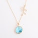 Aqua Framed Glass Pendant and Leaf Branch necklace - with 14K gold filled chain-simple everyday jewelry