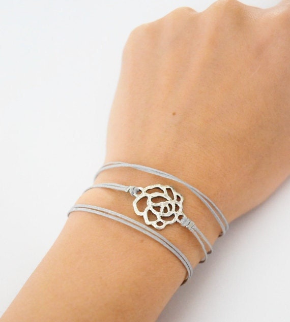 Cord wrap bracelet, cord bracelet with a silver rose charm, gray string, elegant bracelet, rose bracelet, minimalist jewelry, gift for her