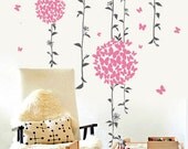 wall decal pink flowers nature Vinyl wall decals butterfly murals wall sticker- Vine with butterfly pink floral ball Z108