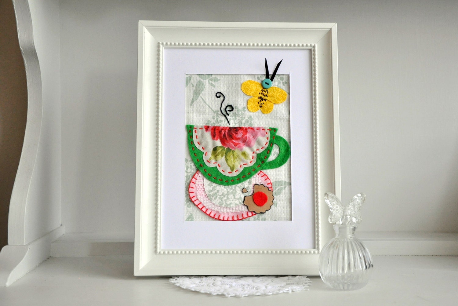 English Garden Tea Party - appliquéd wall art - quirky, whimsical