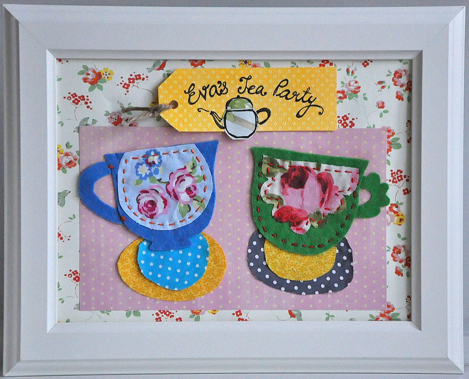 SOLD, similar can be ordered - Personalized kids wall art - tea party - floral, framed