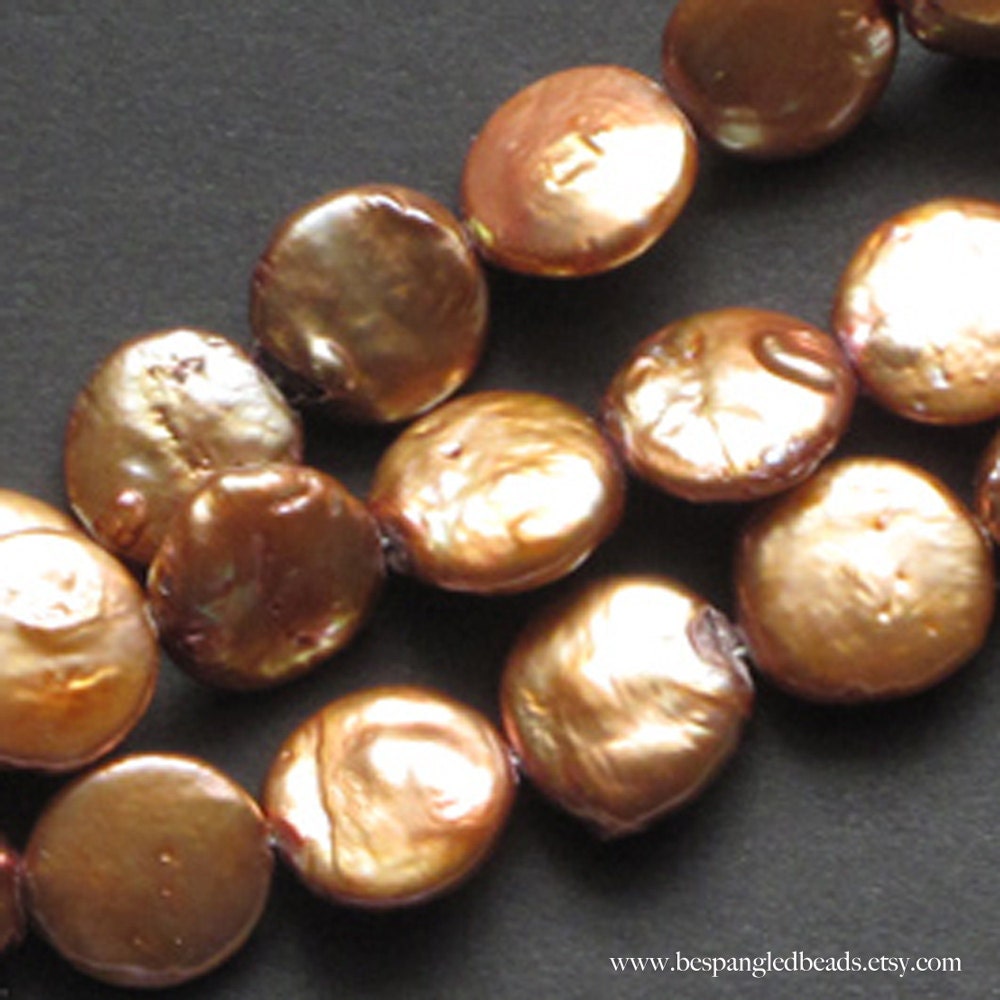 Coin Pearl Beads by the Strand, 11-12 mm Genuine cultured Metallic Rose Copper Colored freshwater pearls (one strand)