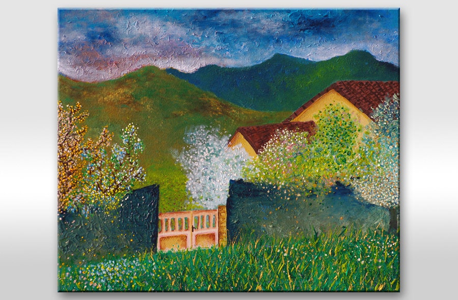 Landscape painting on canvas - Green spring nature garden mountains original acrylic art - Rustic Home Decor Wall art 8x15
