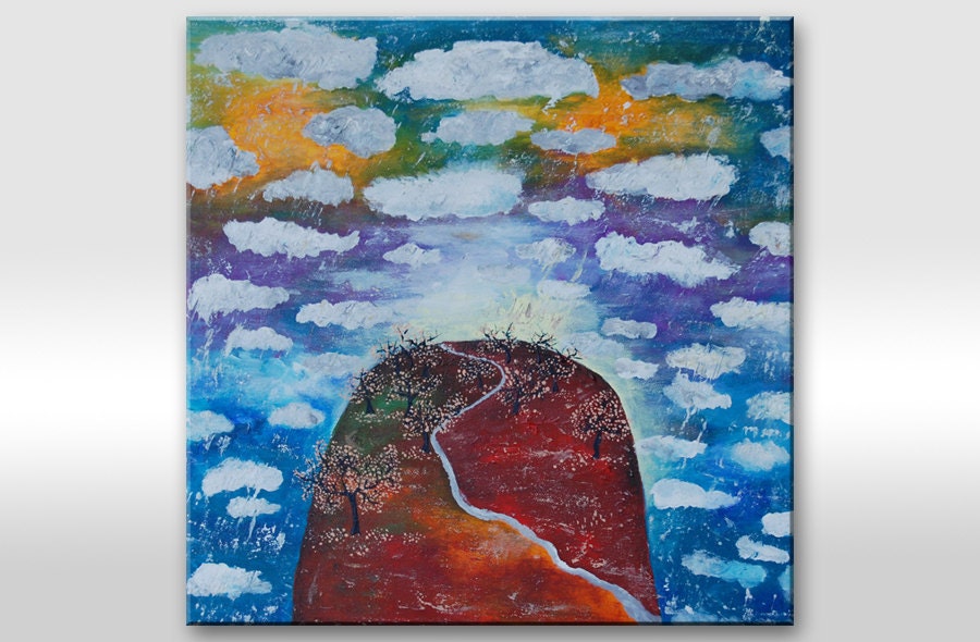 Modern Colorful Original painting on canvas. Rainbow Mountain Rain Clouds Multi colored home decor abstract wall art 16x16