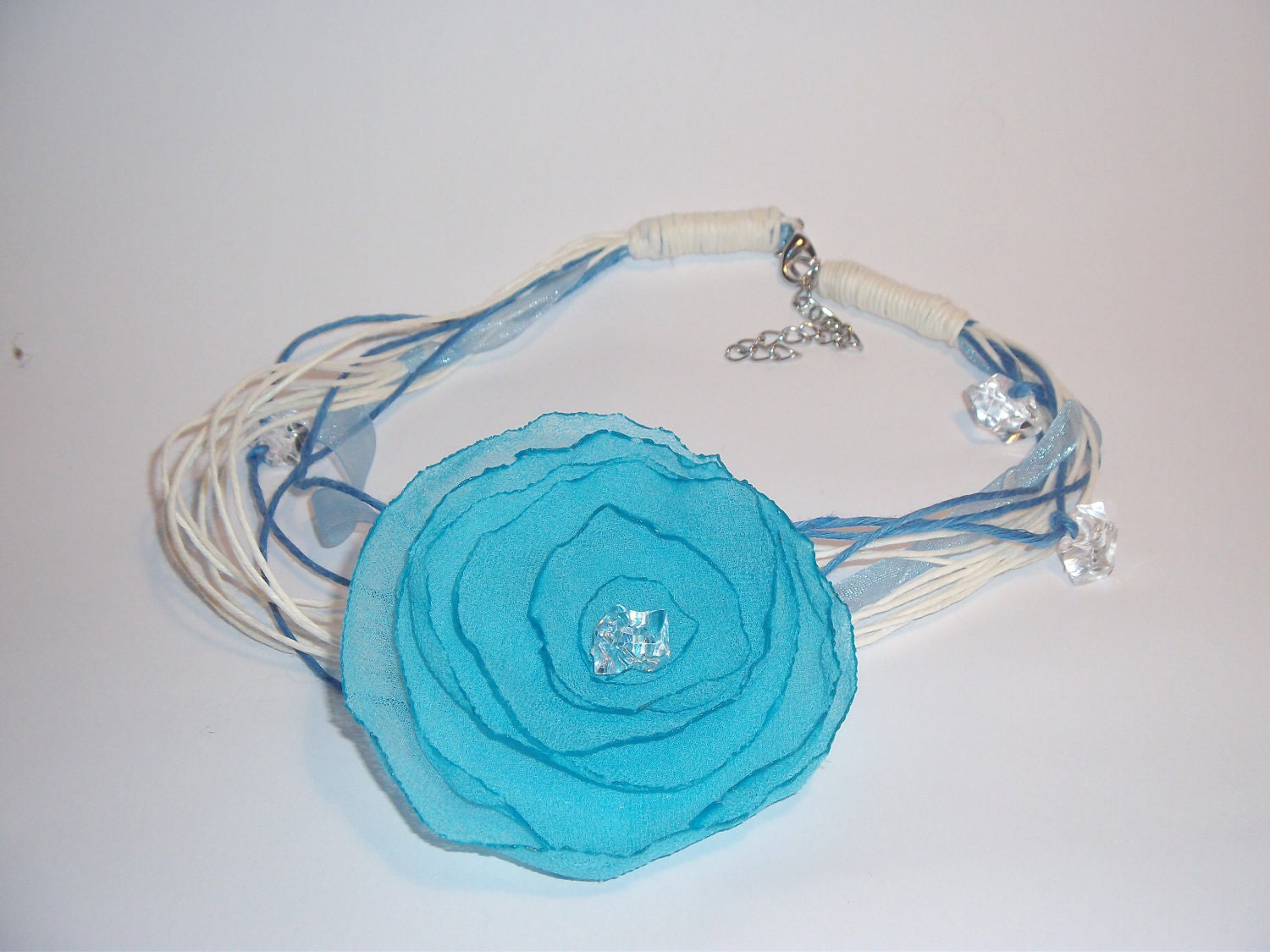 Linen necklace bracelet with flower, blue eco friendly jewelry, gift for her, gift under 20