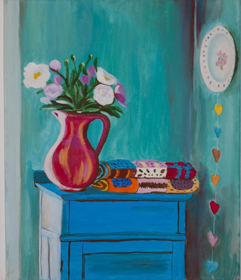 SHIPPING FREE Original acrylic painting En un rincón (In a corner), flowers, dish, crochet