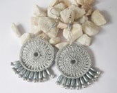 Crochet textile jewelry, beaded earring, gray