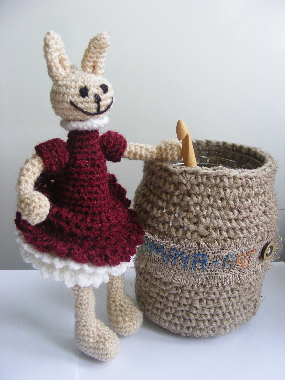 bunny girl in claret dress, crochet toy,  rabbit - AmayArt