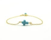 Tiny Sideways Cross Bracelet - Small Turquoise cross on Delicate Gold Chain - Faceted bead at closure (also in silver)