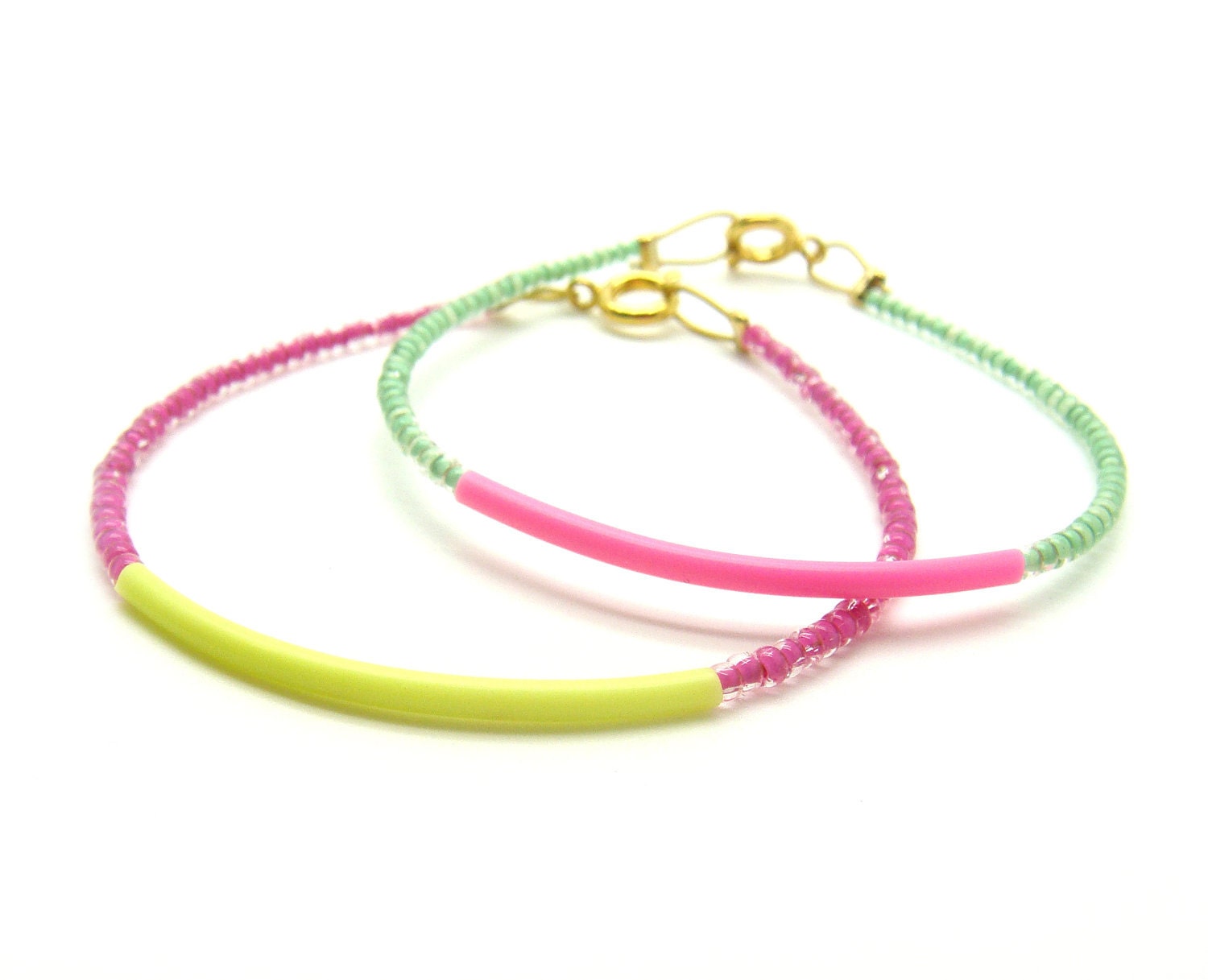 Mint Beaded Bracelet w/ Neon Pink Rubber Bar - Friendship Bracelet