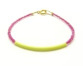 Pink Beaded Bracelet w/ Neon Yellow Rubber Bar - Friendship Bracelet