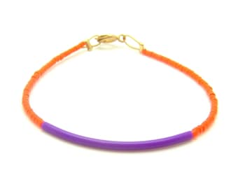 Neon Orange Beaded Bracelet w/ Purple Rubber Bar - Friendship Bracelet