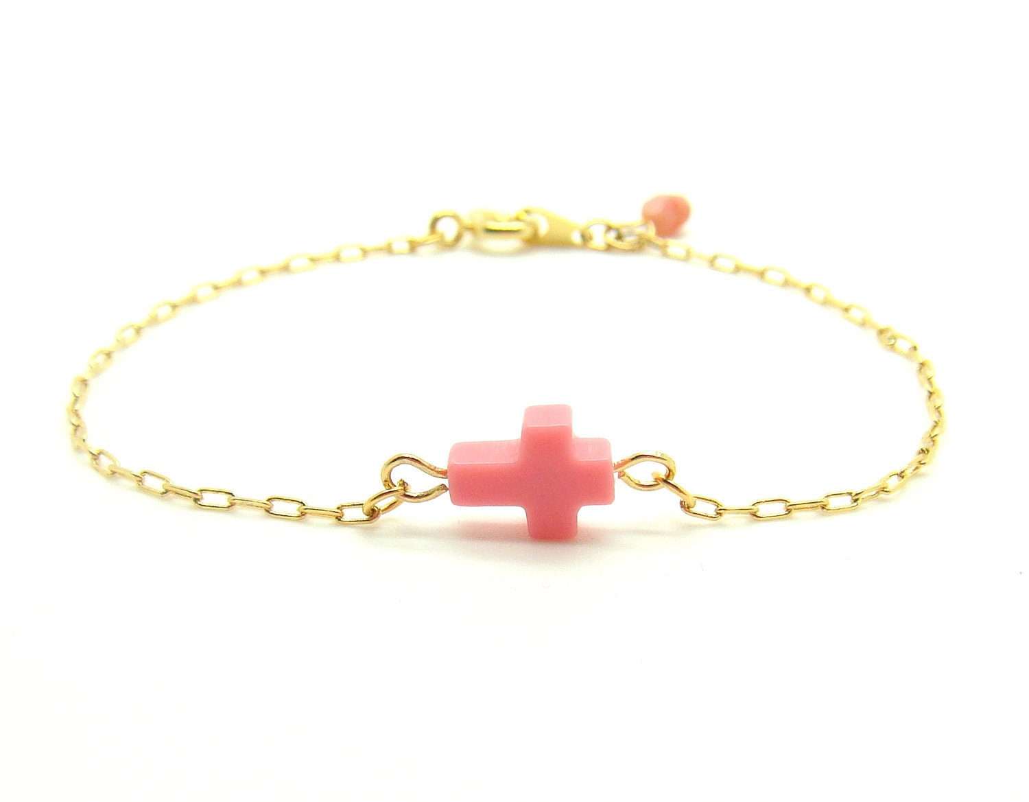 Tiny Sideways Cross Bracelet - Small Coral Pink cross on Delicate Gold Chain - Coral bead at closure (also in silver)