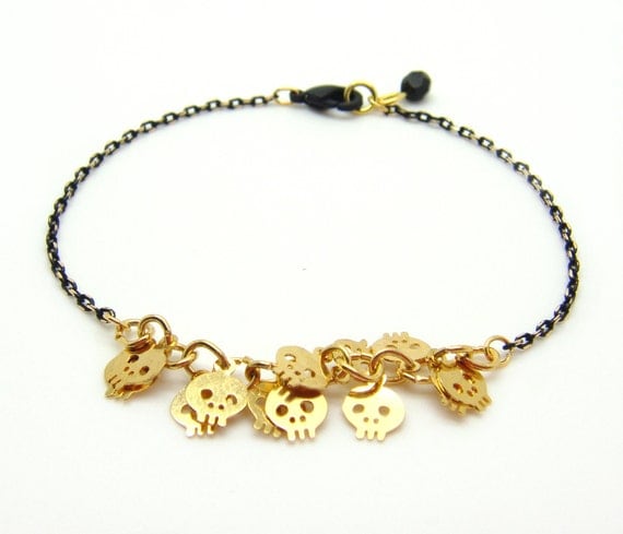 Tiny Skull Bracelet - Gold Skull Charms on Gold & Black Delicate Chain with Black Faceted Pendant