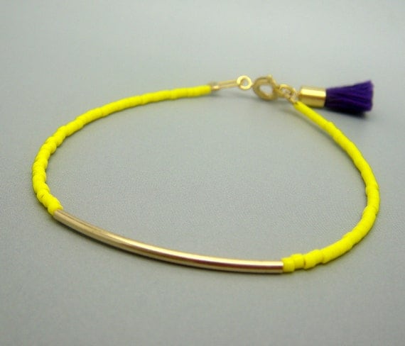 Neon Yellow Beaded Bracelet w/ Tiny Gold Bar & Purple Tassel- Friendship Bracelet - Bangle Bracelet
