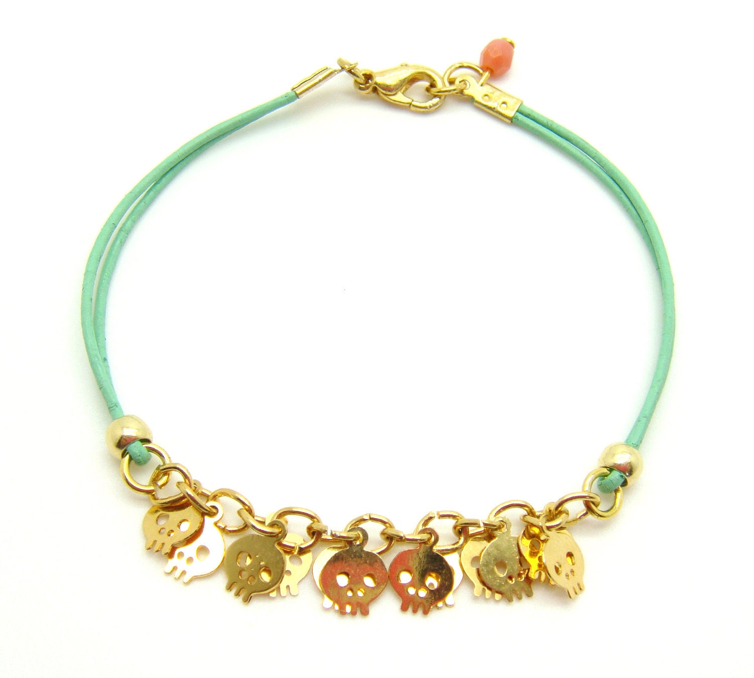 Tiny Skull Bracelet - Pastel Mint Leather W/ Tiny Gold Plated Skulls - Coral faceted pendant
