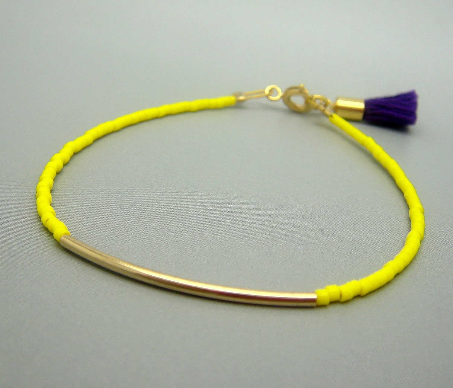 Neon Yellow Beaded Bracelet w/ Tiny Gold Bar & Purple Tassel- Friendship Bracelet - Bangle Bracelet
