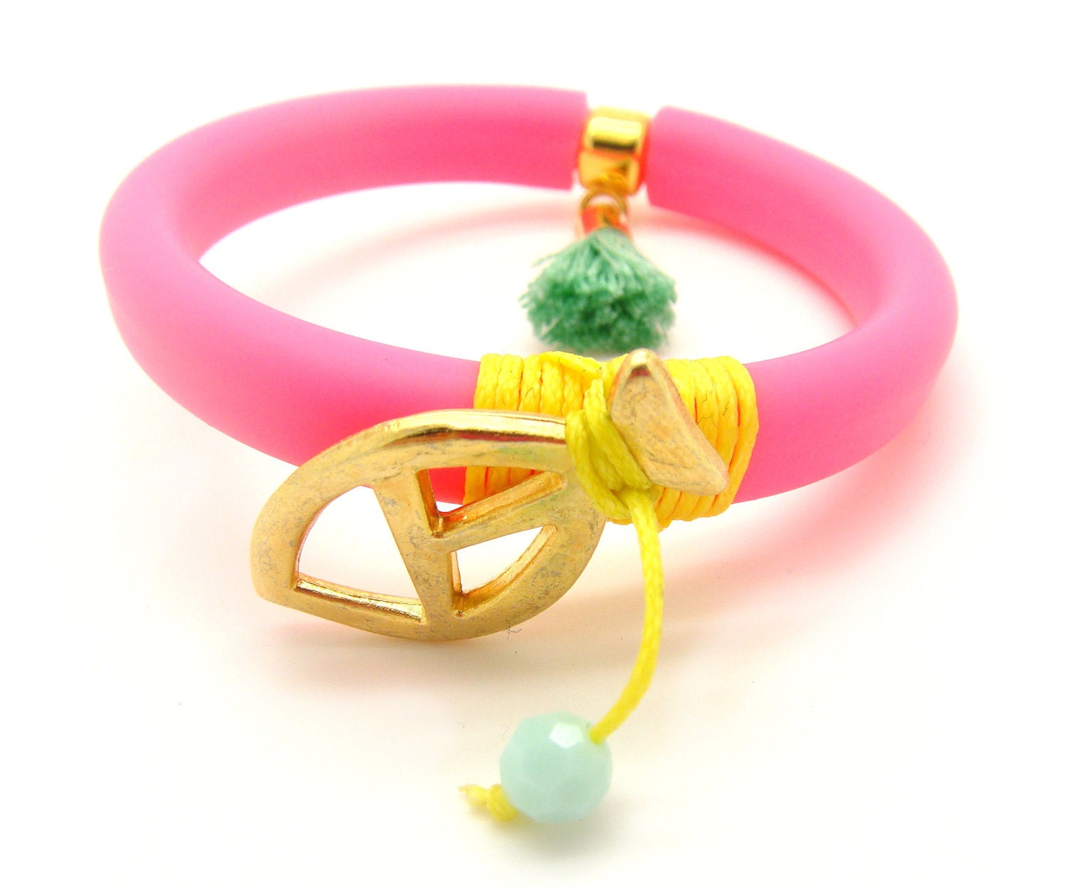 Neon Bracelet TREND - Neon Pink Rubber Bracelet w/ Gold Fish Charm , Swarovski Mint Bead & Mint Tassel