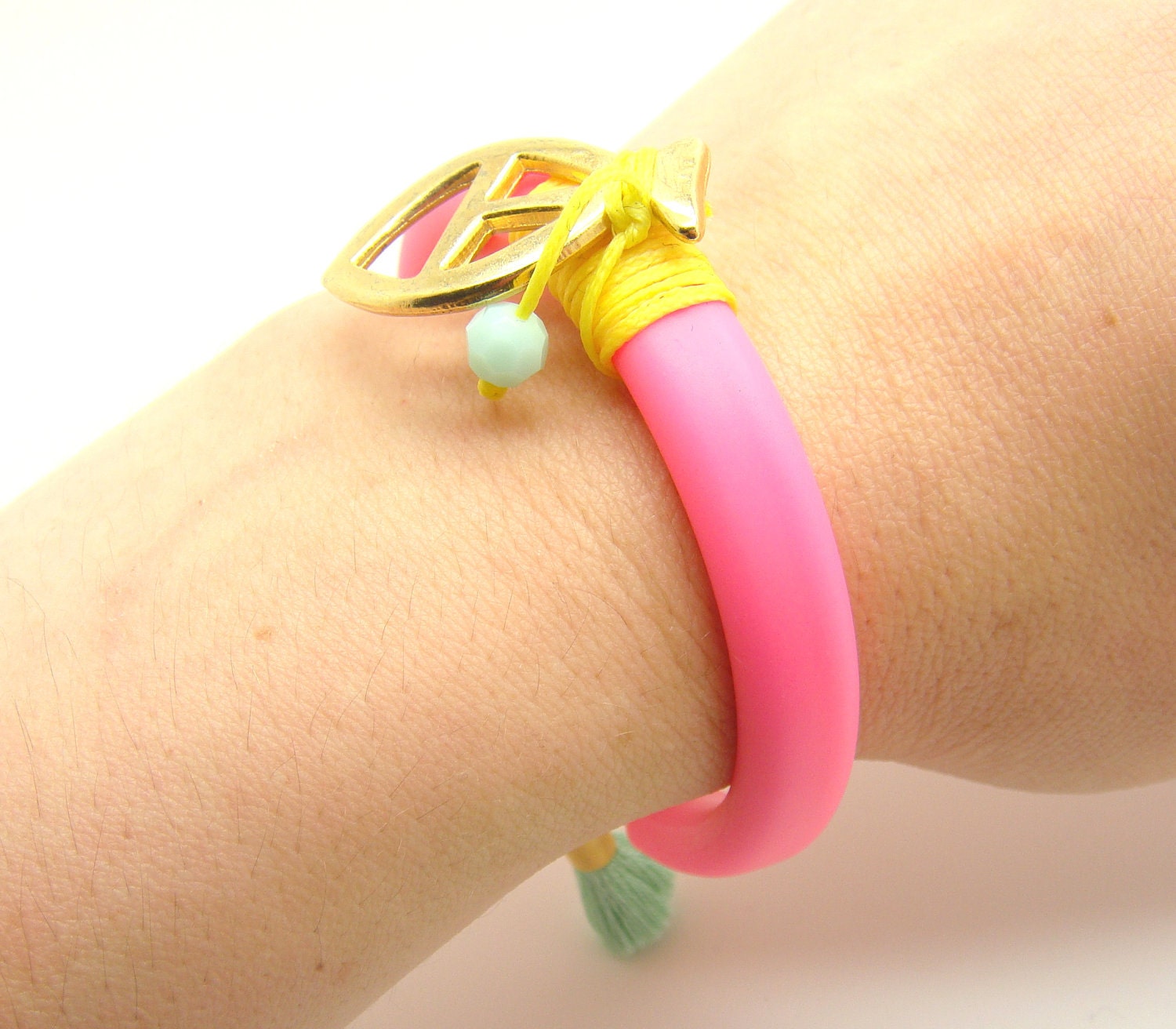 Neon Bracelet TREND - Neon Pink Rubber Bracelet w/ Gold Fish Charm , Swarovski Mint Bead & Mint Tassel